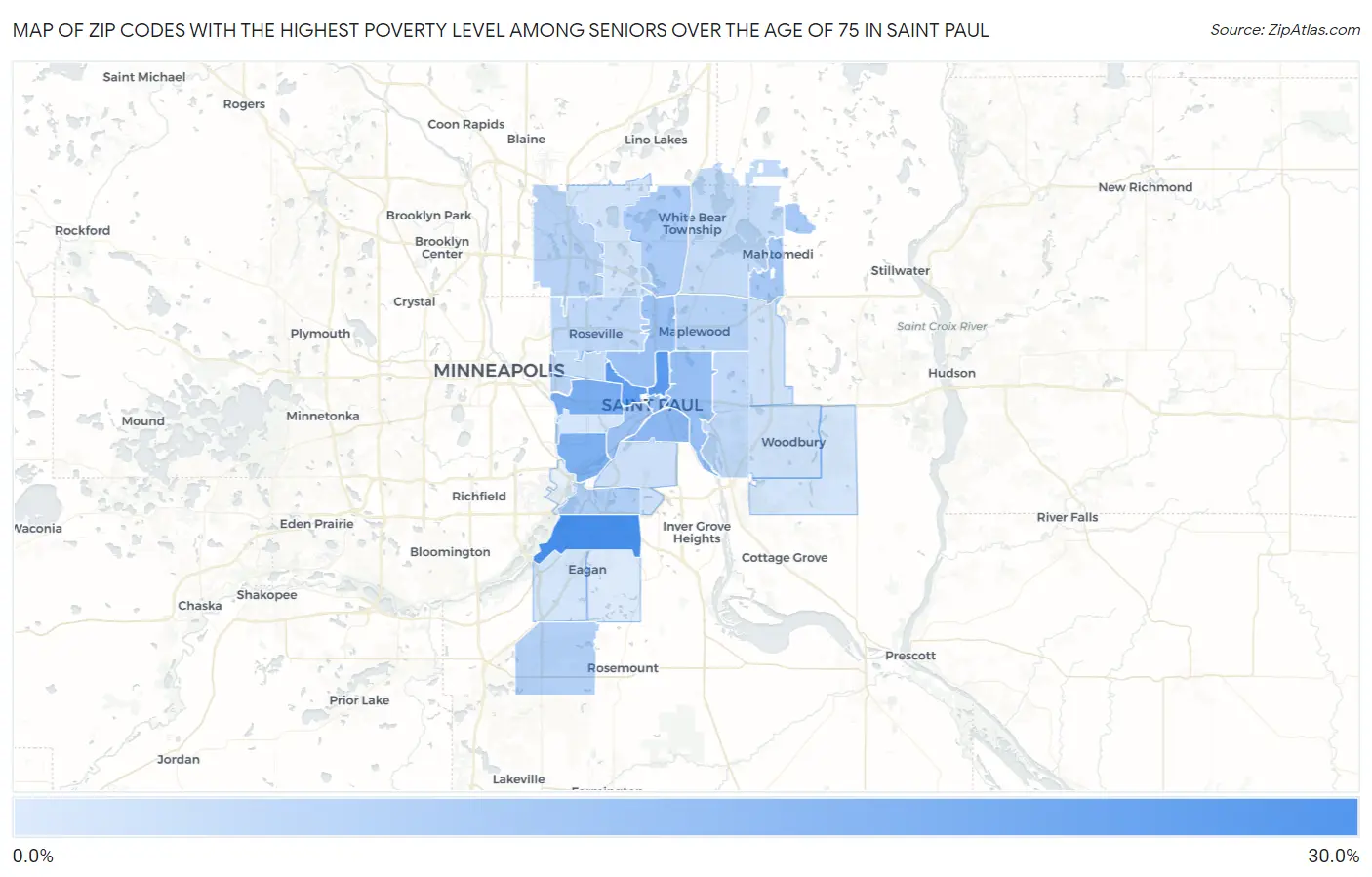 Zip Codes with the Highest Poverty Level Among Seniors Over the Age of 75 in Saint Paul Map