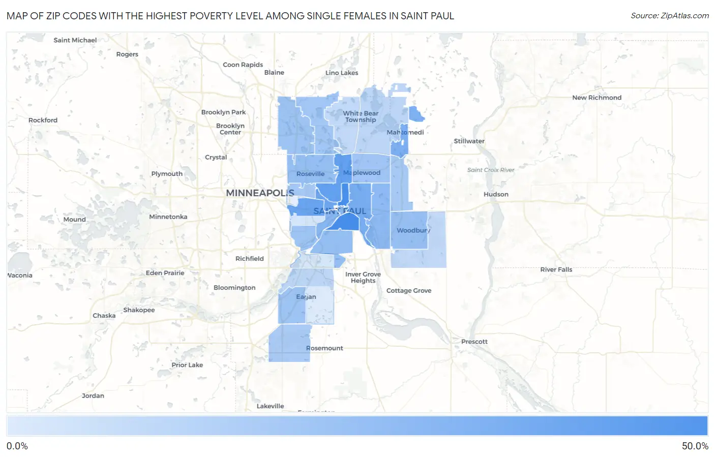 Zip Codes with the Highest Poverty Level Among Single Females in Saint Paul Map