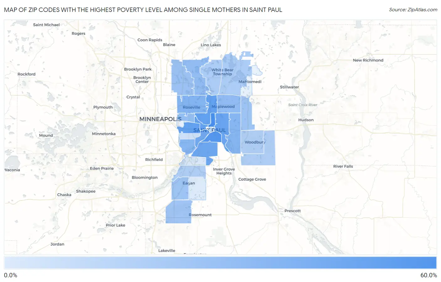 Zip Codes with the Highest Poverty Level Among Single Mothers in Saint Paul Map