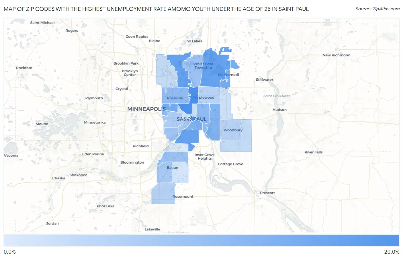 Zip Codes with the Highest Unemployment Rate Amomg Youth Under the Age of 25 in Saint Paul Map