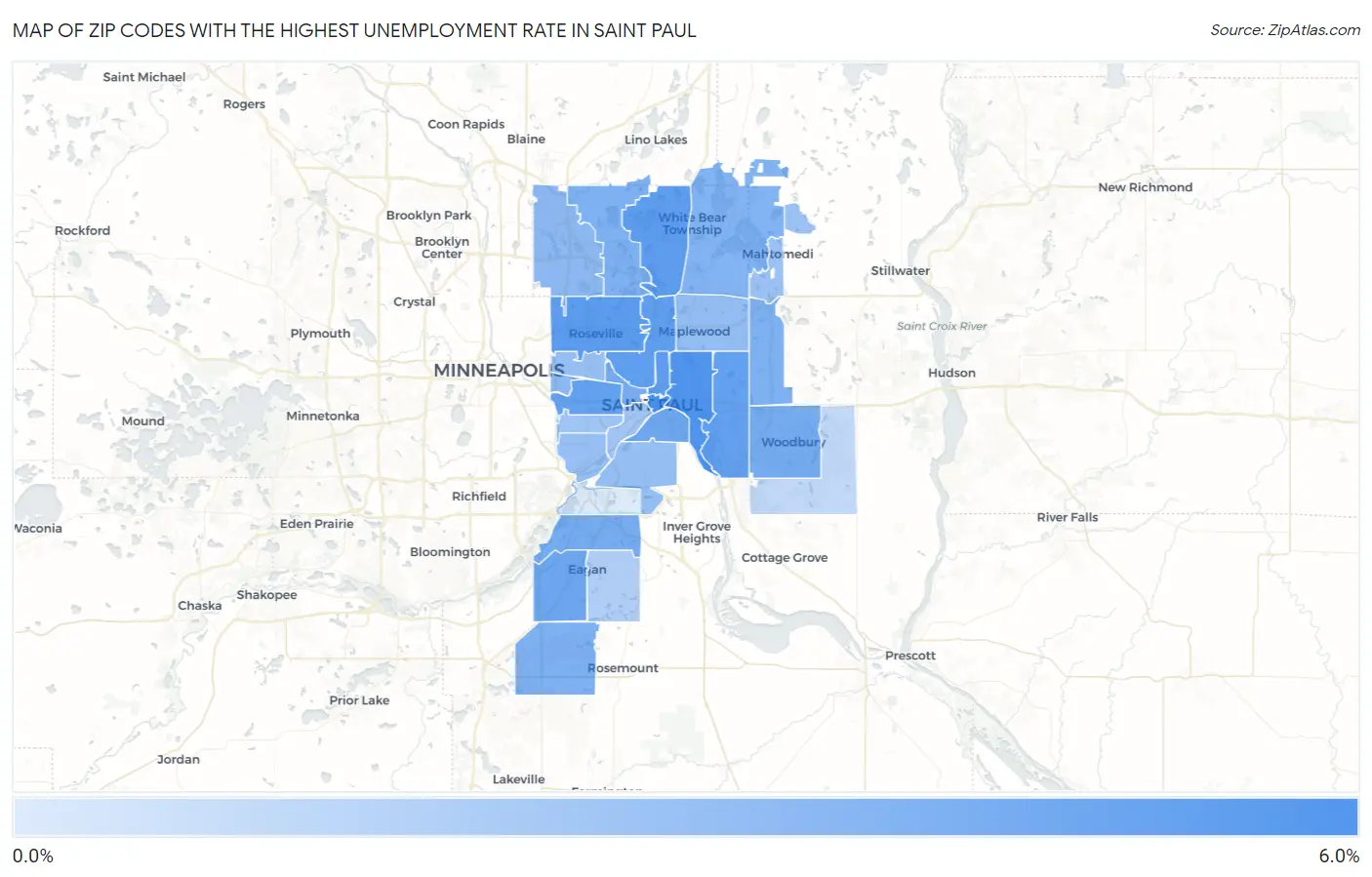 Zip Codes with the Highest Unemployment Rate in Saint Paul Map