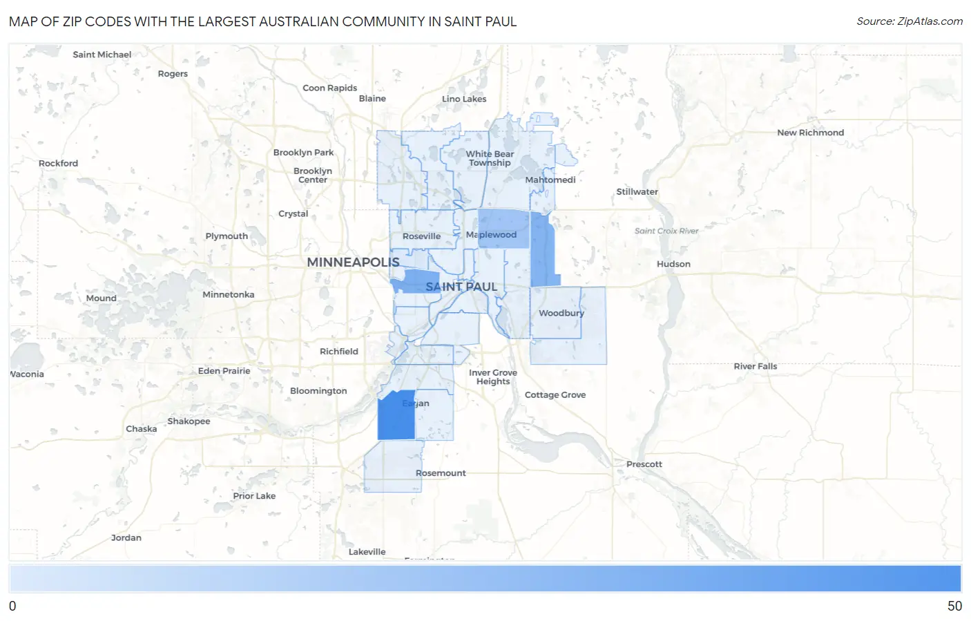Zip Codes with the Largest Australian Community in Saint Paul Map