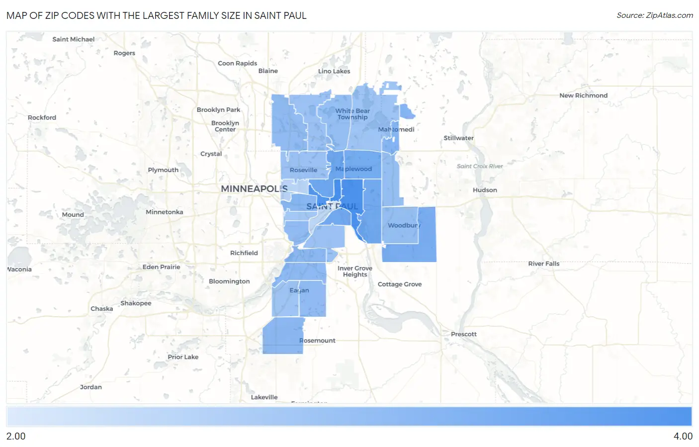 Zip Codes with the Largest Family Size in Saint Paul Map