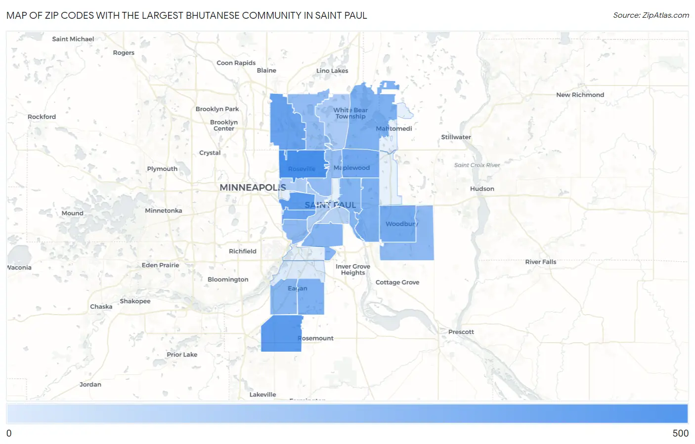 Zip Codes with the Largest Bhutanese Community in Saint Paul Map