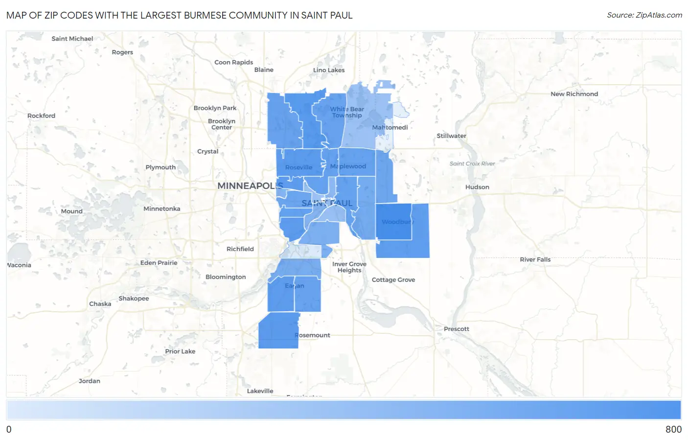 Zip Codes with the Largest Burmese Community in Saint Paul Map