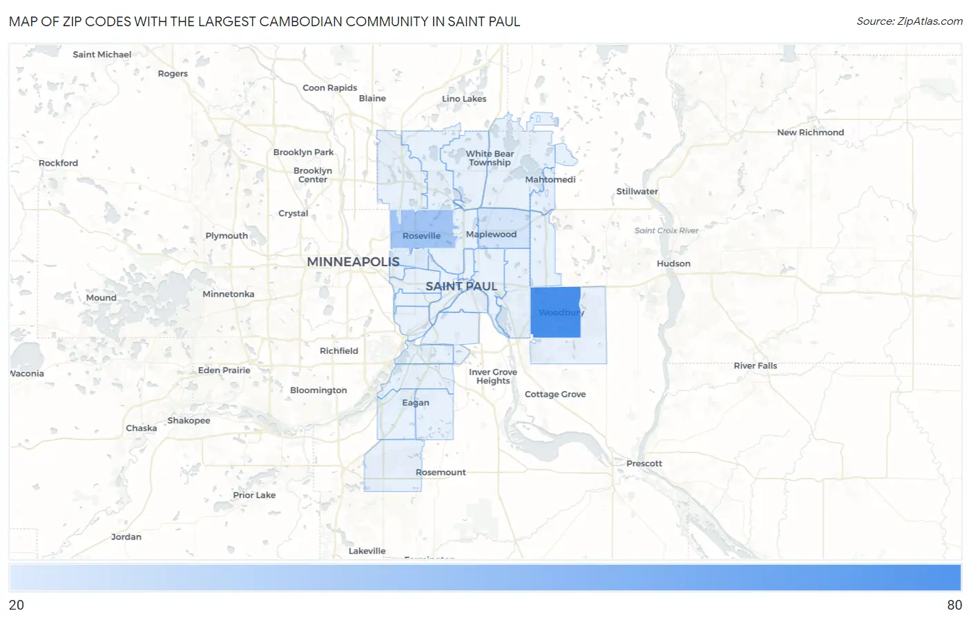 Zip Codes with the Largest Cambodian Community in Saint Paul Map