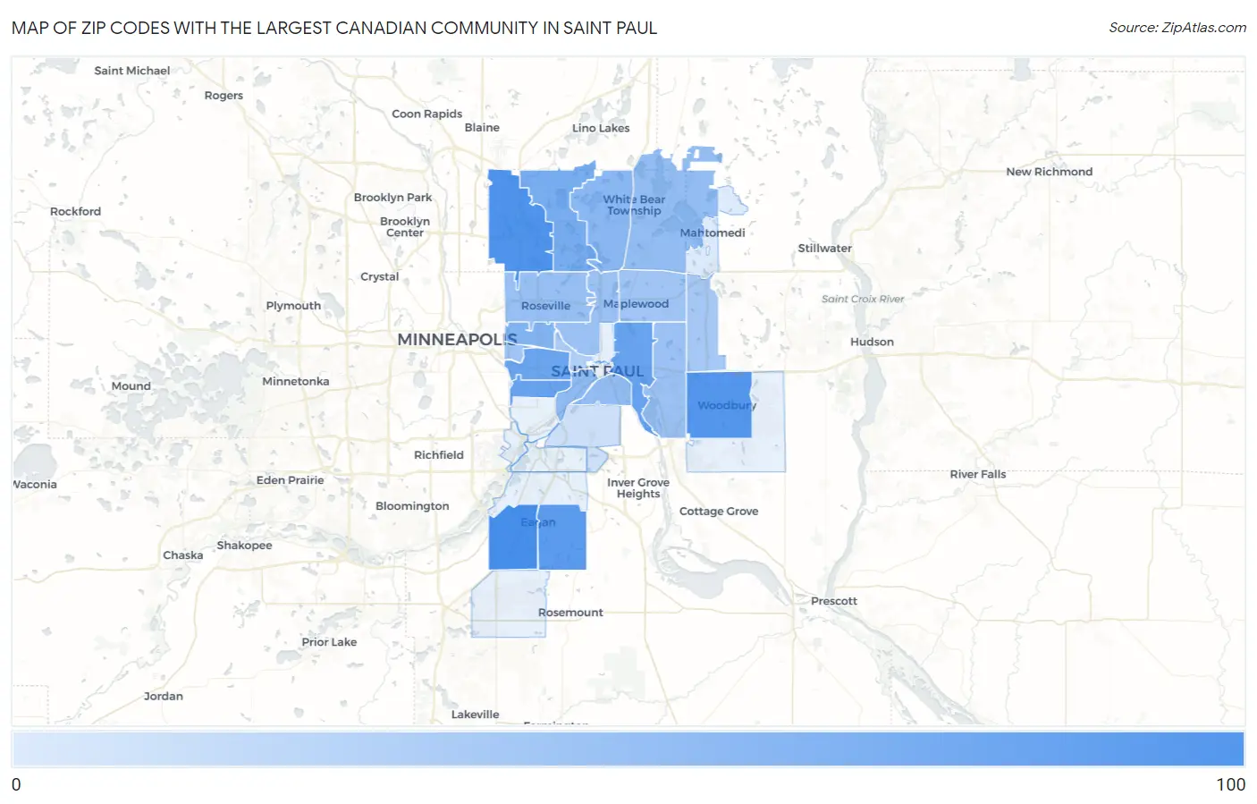 Zip Codes with the Largest Canadian Community in Saint Paul Map