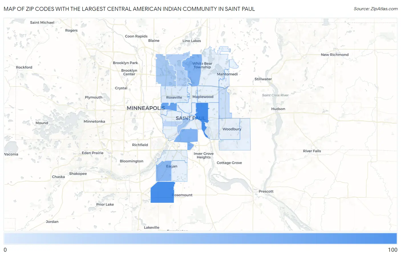 Zip Codes with the Largest Central American Indian Community in Saint Paul Map