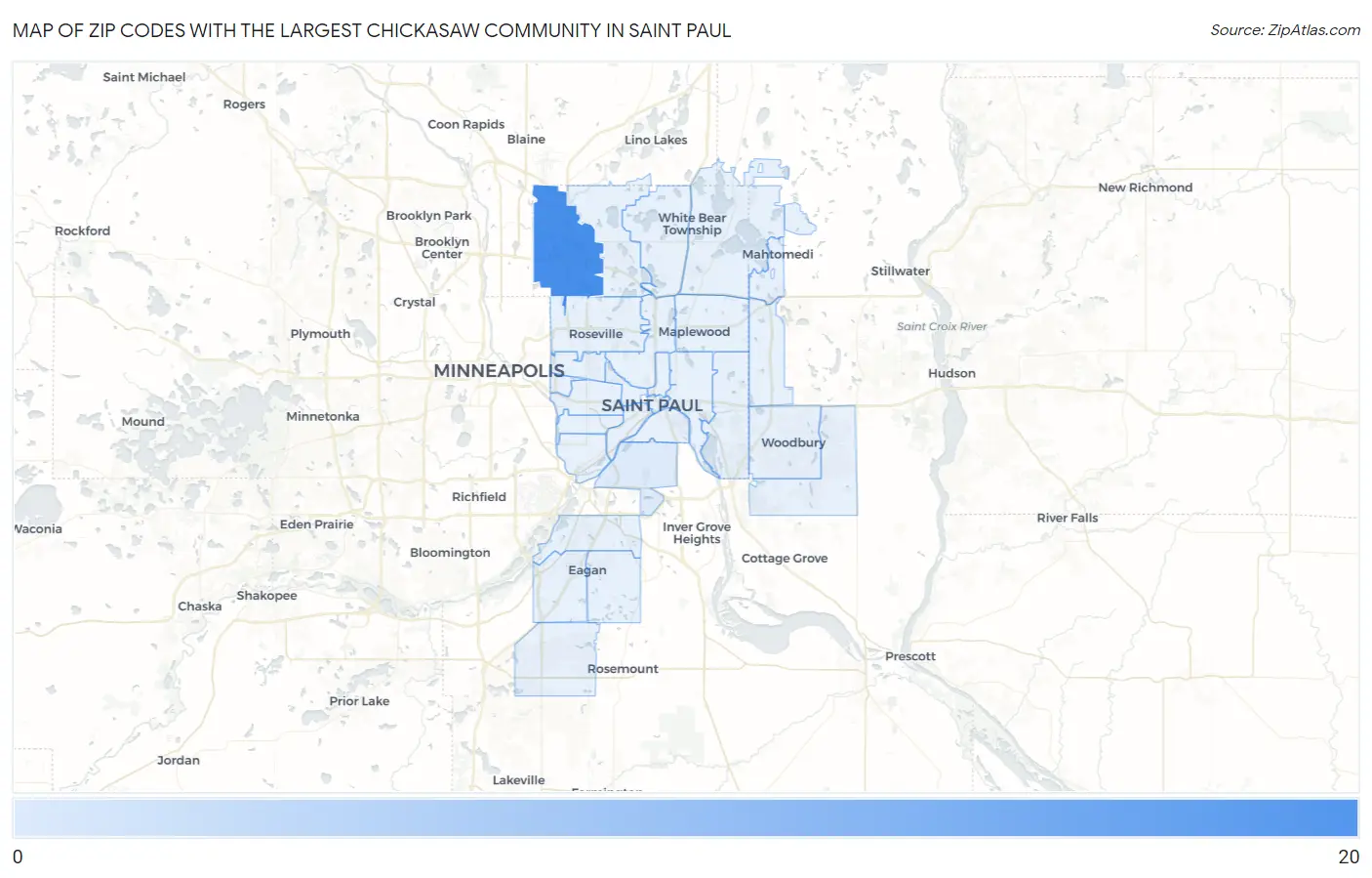 Zip Codes with the Largest Chickasaw Community in Saint Paul Map