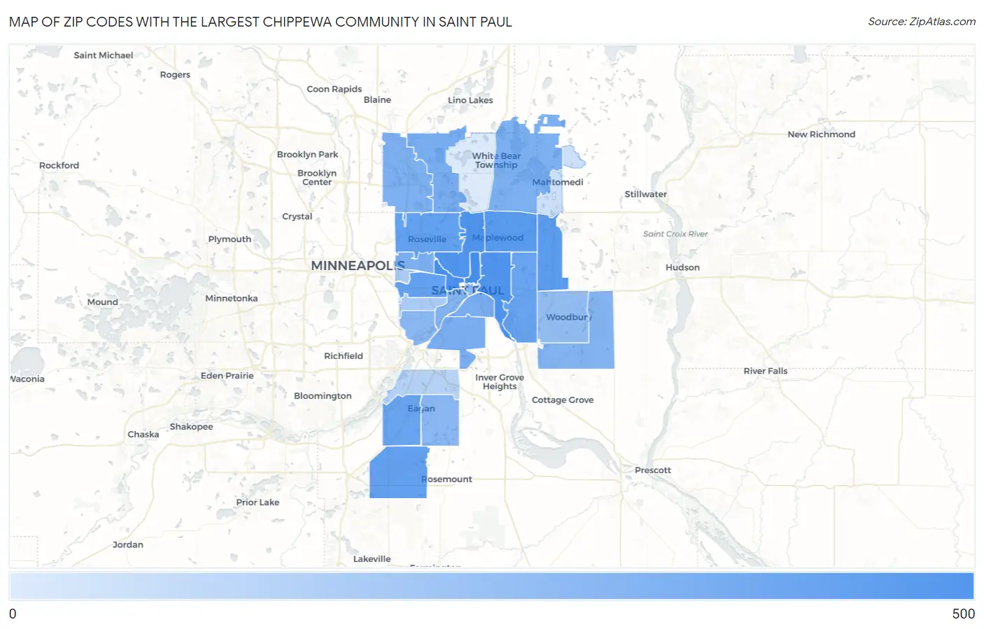 Zip Codes with the Largest Chippewa Community in Saint Paul Map