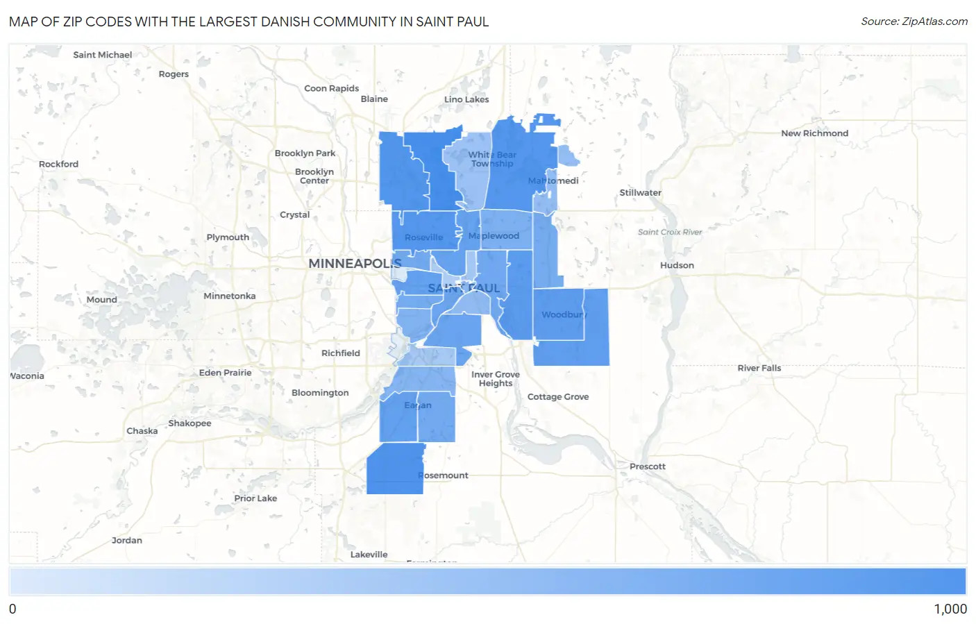 Zip Codes with the Largest Danish Community in Saint Paul Map