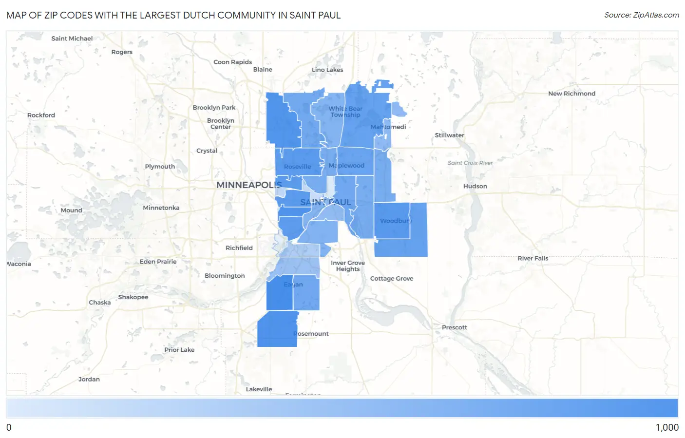 Zip Codes with the Largest Dutch Community in Saint Paul Map