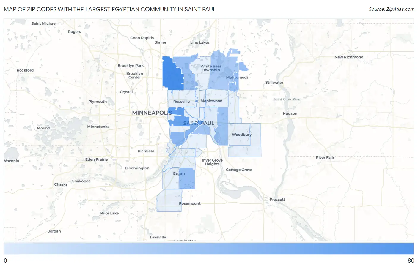Zip Codes with the Largest Egyptian Community in Saint Paul Map
