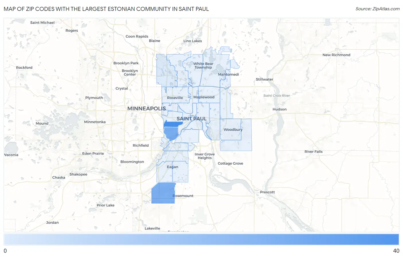 Zip Codes with the Largest Estonian Community in Saint Paul Map