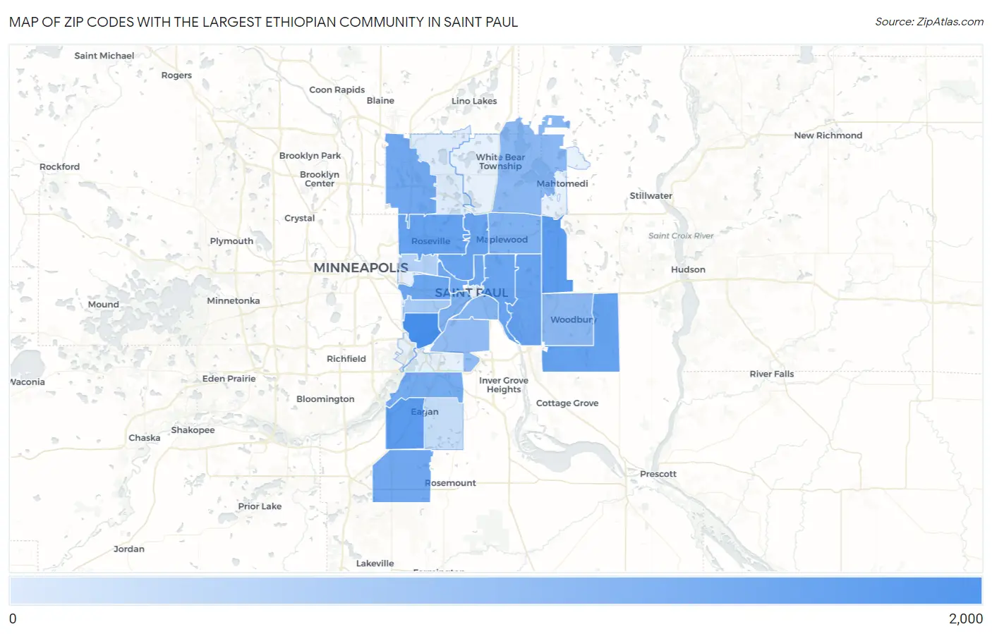 Zip Codes with the Largest Ethiopian Community in Saint Paul Map