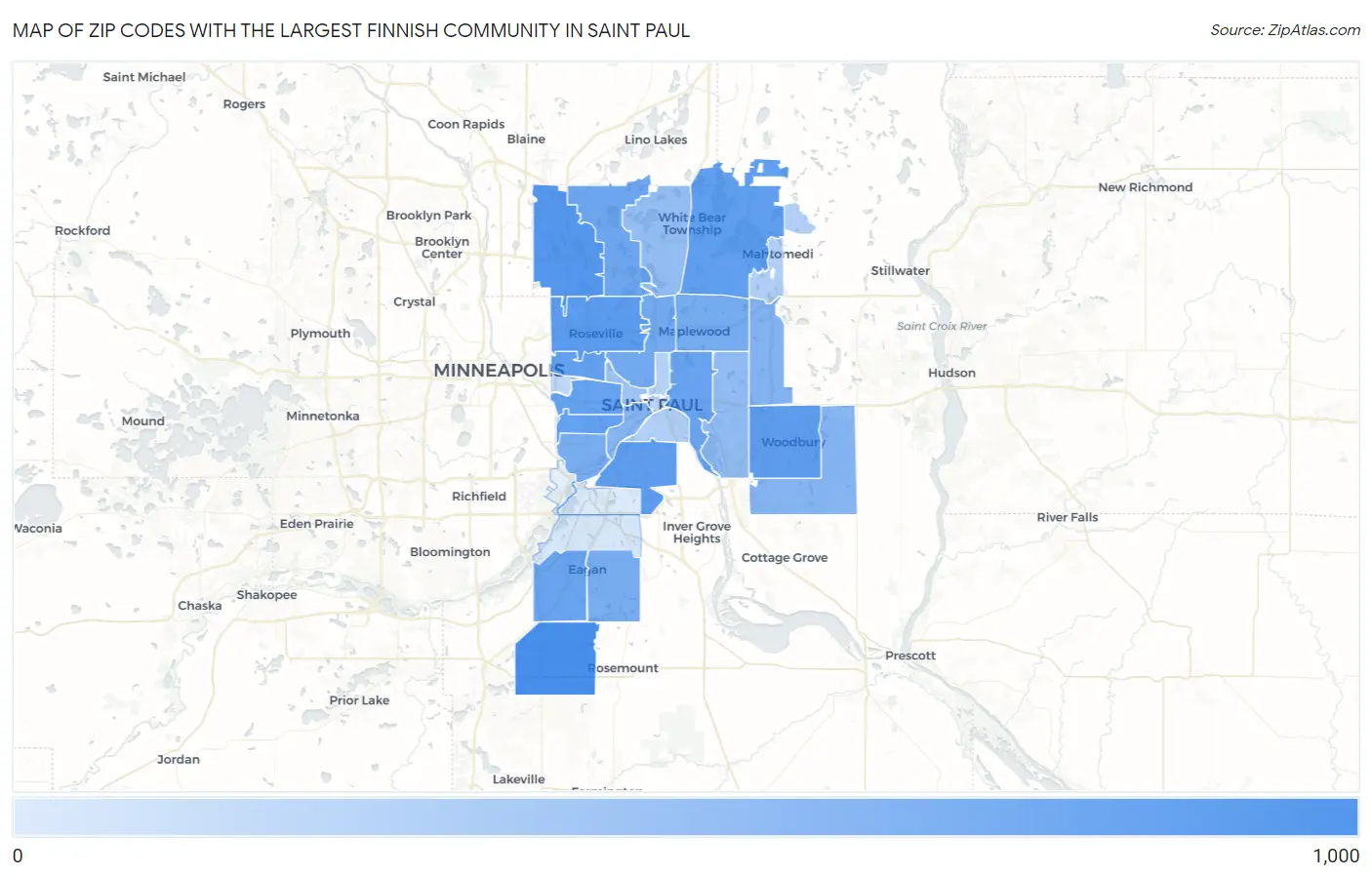Zip Codes with the Largest Finnish Community in Saint Paul Map