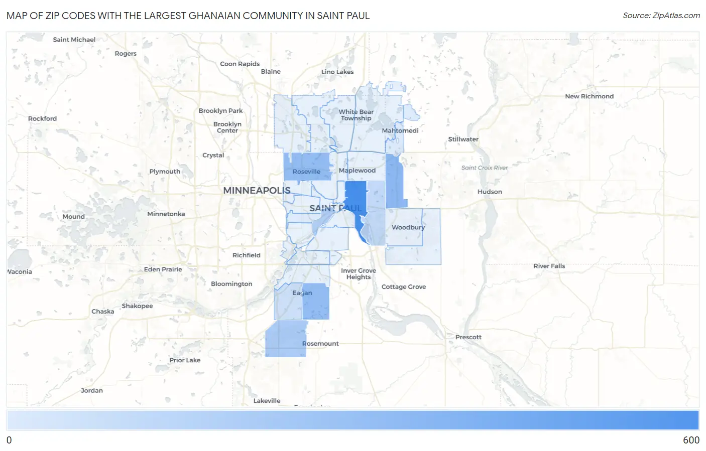 Zip Codes with the Largest Ghanaian Community in Saint Paul Map