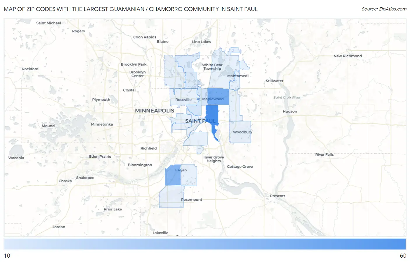 Zip Codes with the Largest Guamanian / Chamorro Community in Saint Paul Map