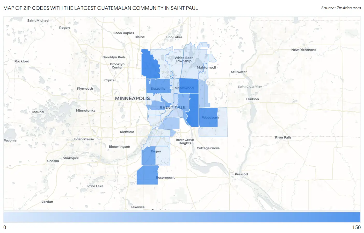 Zip Codes with the Largest Guatemalan Community in Saint Paul Map