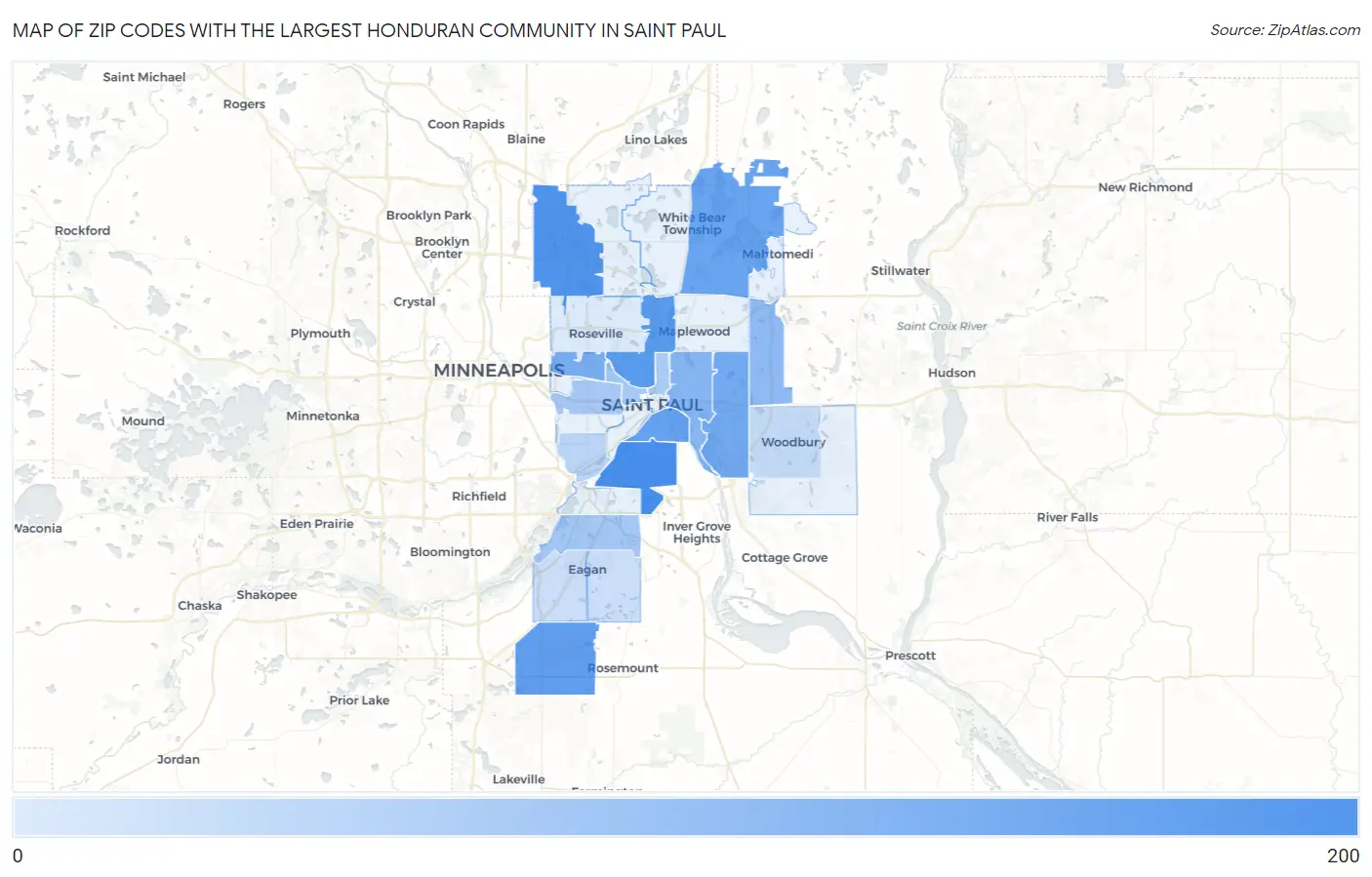 Zip Codes with the Largest Honduran Community in Saint Paul Map