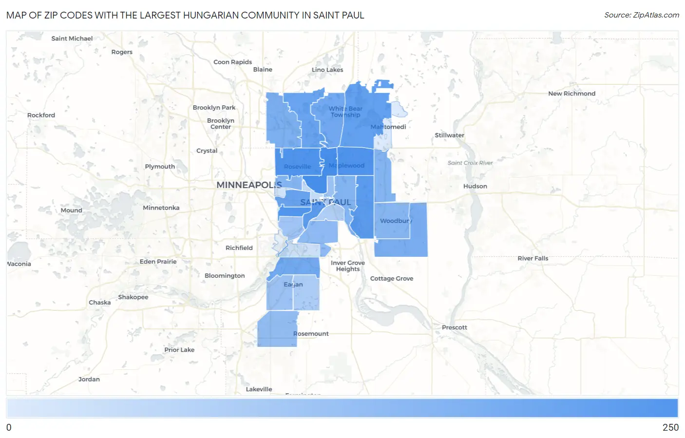 Zip Codes with the Largest Hungarian Community in Saint Paul Map