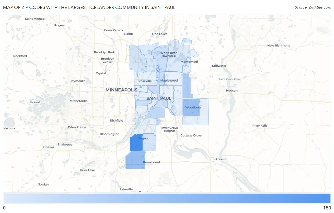 Zip Codes with the Largest Icelander Community in Saint Paul Map