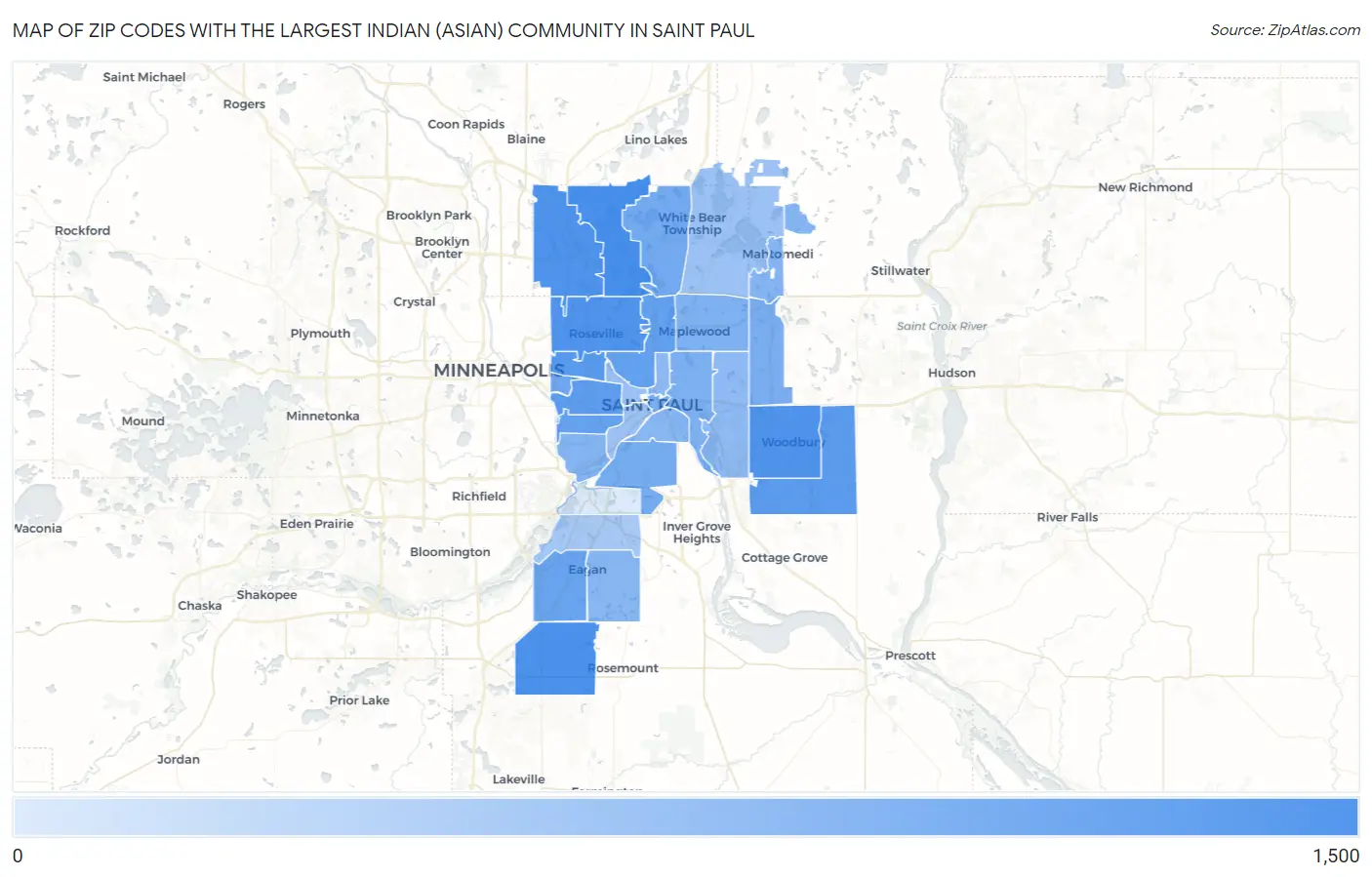Zip Codes with the Largest Indian (Asian) Community in Saint Paul Map