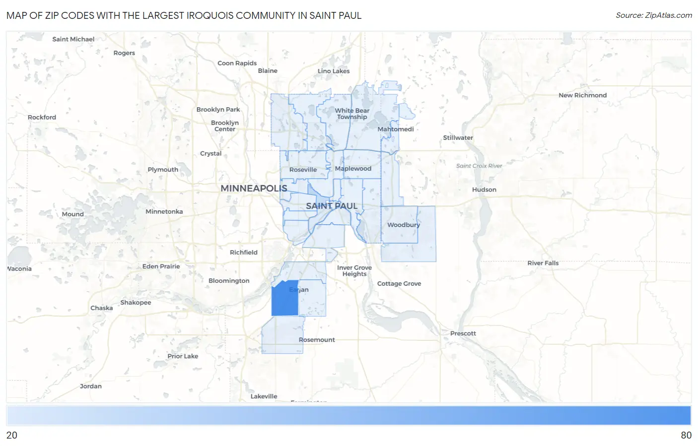 Zip Codes with the Largest Iroquois Community in Saint Paul Map