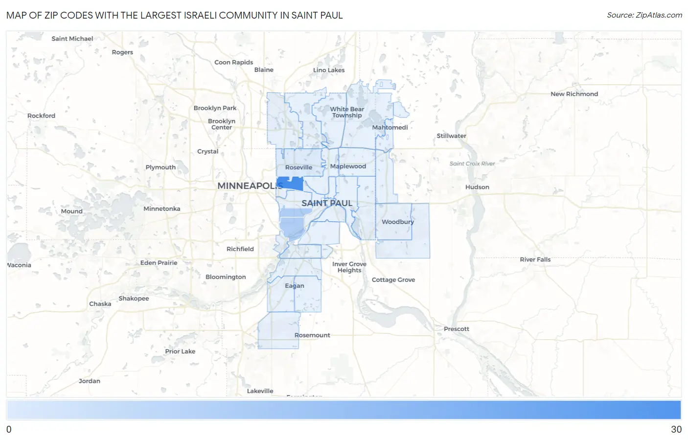 Zip Codes with the Largest Israeli Community in Saint Paul Map