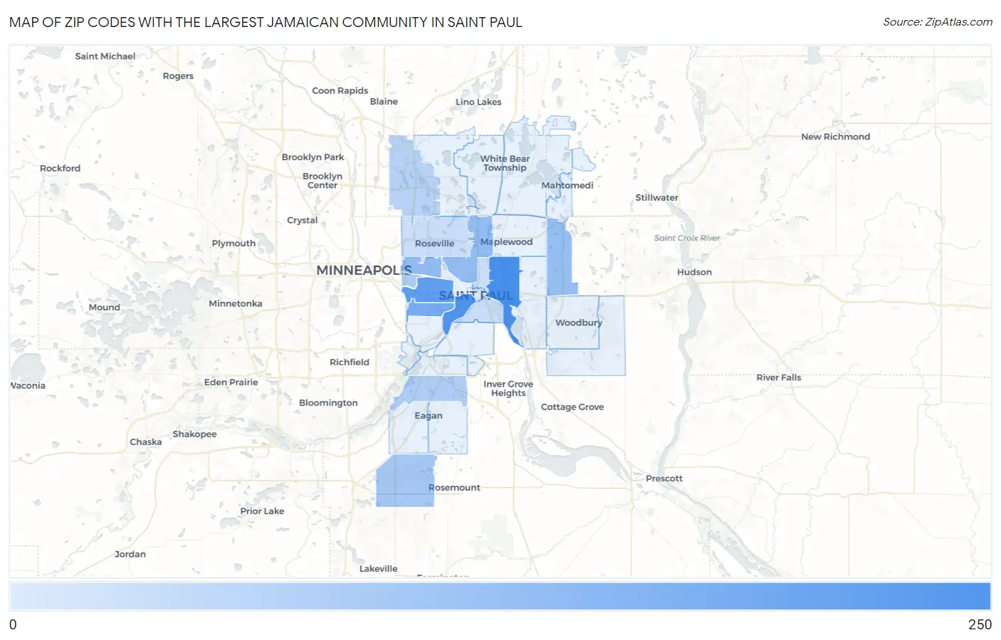 Zip Codes with the Largest Jamaican Community in Saint Paul Map