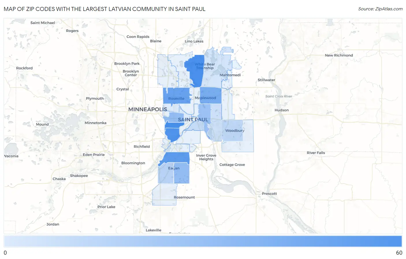 Zip Codes with the Largest Latvian Community in Saint Paul Map