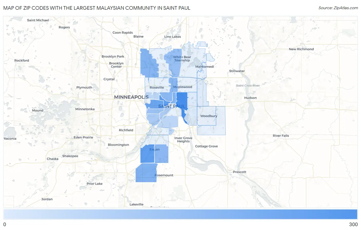 Zip Codes with the Largest Malaysian Community in Saint Paul Map