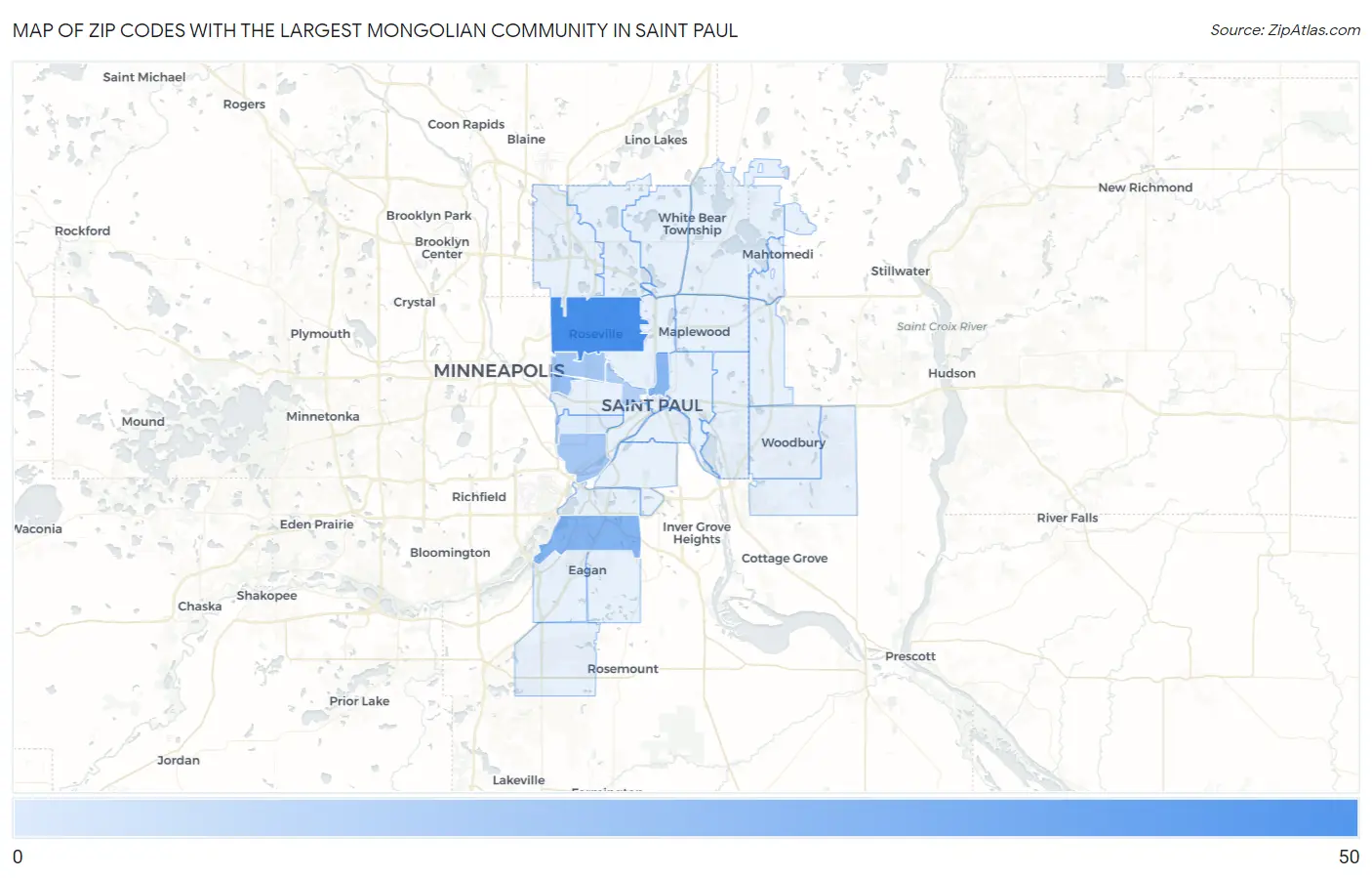 Zip Codes with the Largest Mongolian Community in Saint Paul Map
