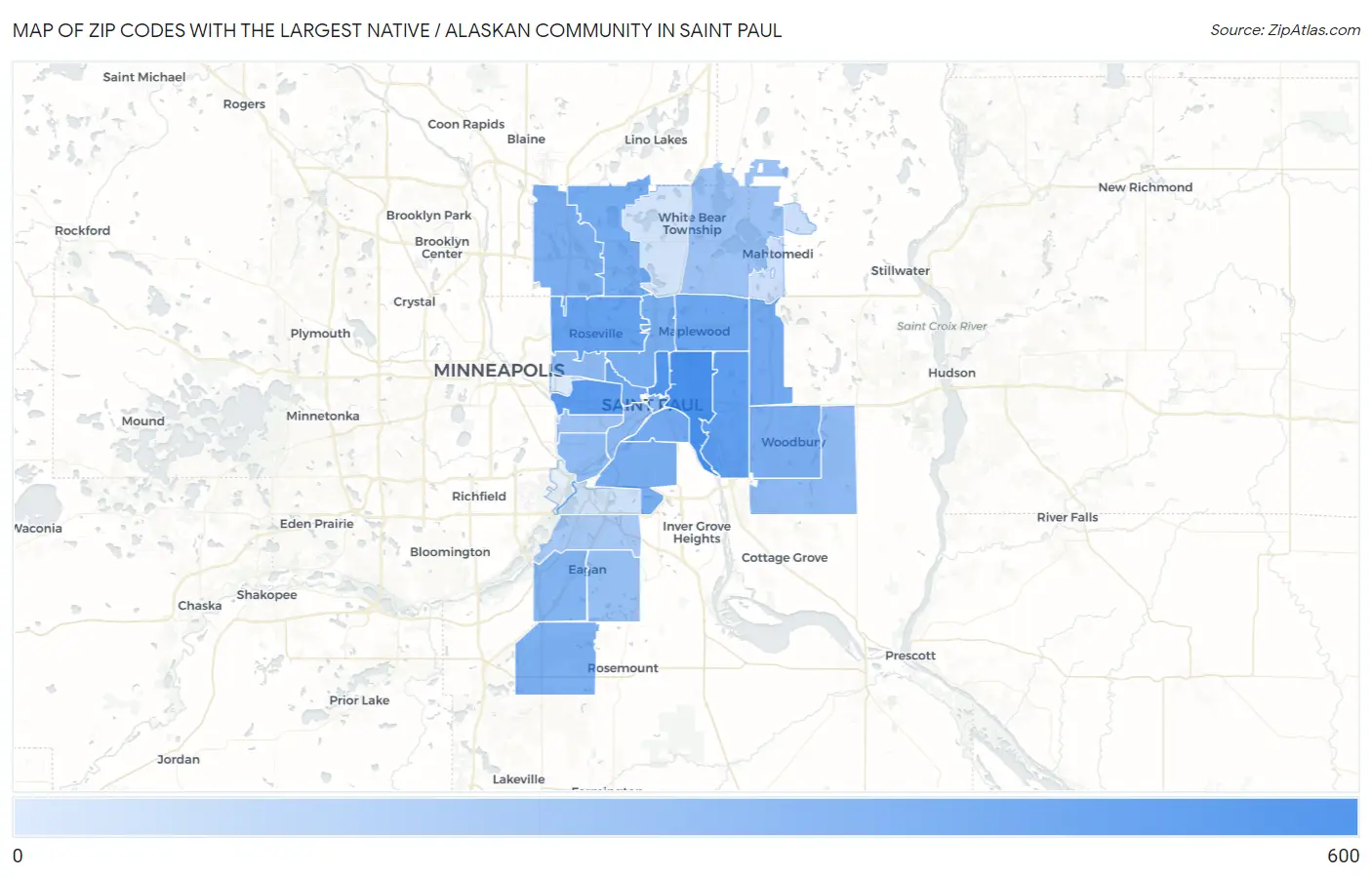 Zip Codes with the Largest Native / Alaskan Community in Saint Paul Map