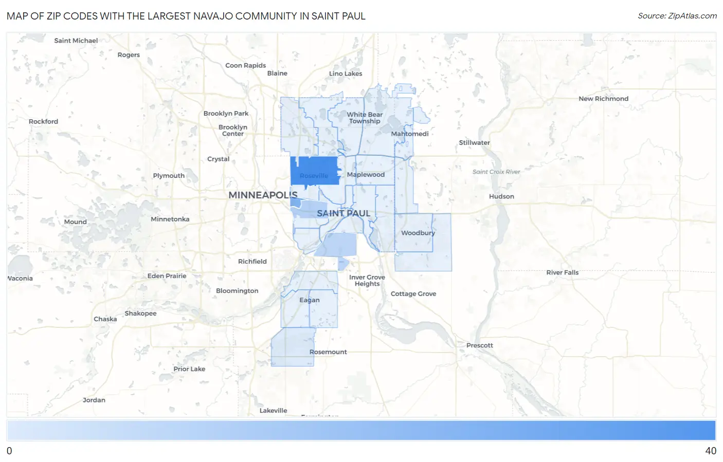 Zip Codes with the Largest Navajo Community in Saint Paul Map