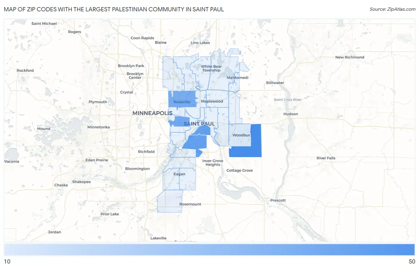 Zip Codes with the Largest Palestinian Community in Saint Paul Map