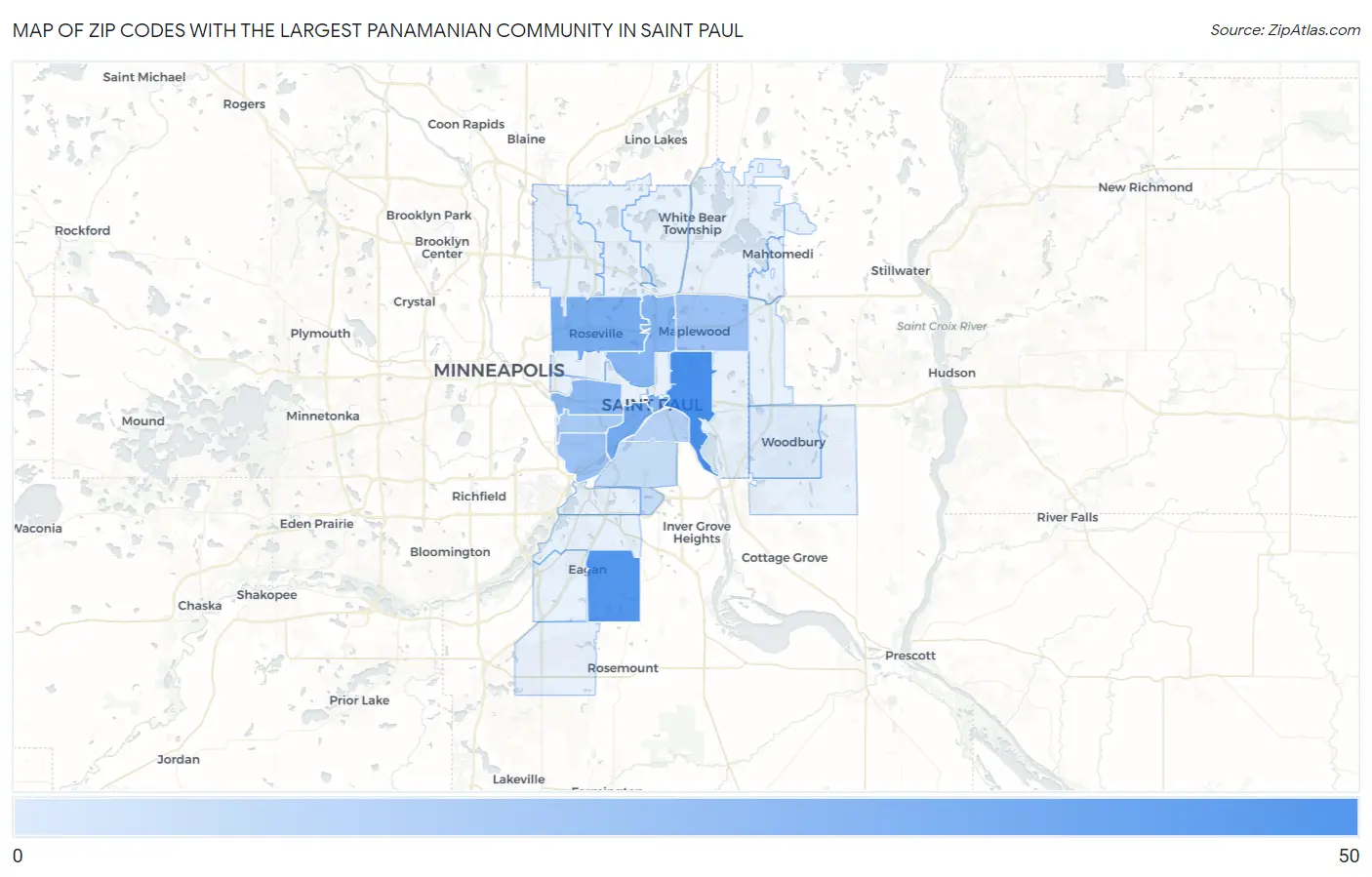 Zip Codes with the Largest Panamanian Community in Saint Paul Map