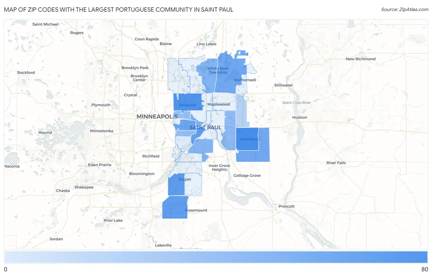Zip Codes with the Largest Portuguese Community in Saint Paul Map