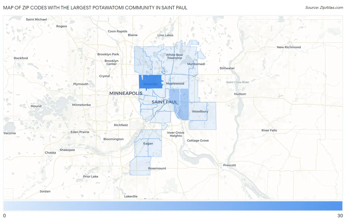 Zip Codes with the Largest Potawatomi Community in Saint Paul Map