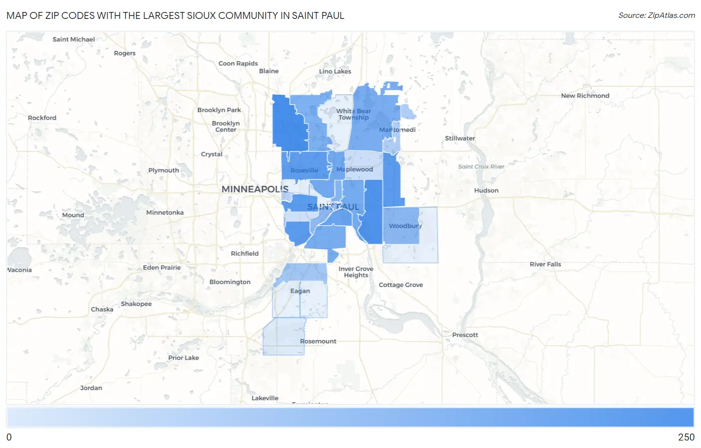 Zip Codes with the Largest Sioux Community in Saint Paul Map