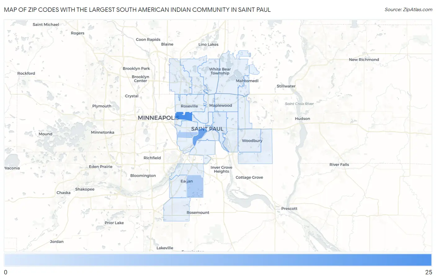 Zip Codes with the Largest South American Indian Community in Saint Paul Map