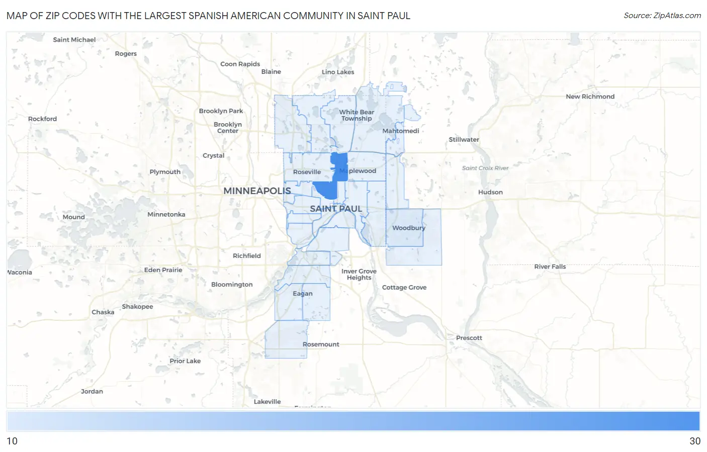 Zip Codes with the Largest Spanish American Community in Saint Paul Map