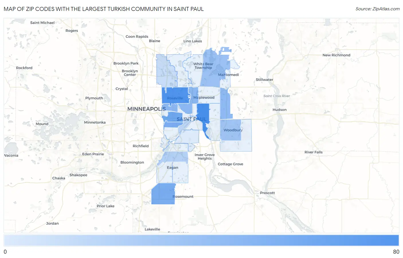 Zip Codes with the Largest Turkish Community in Saint Paul Map
