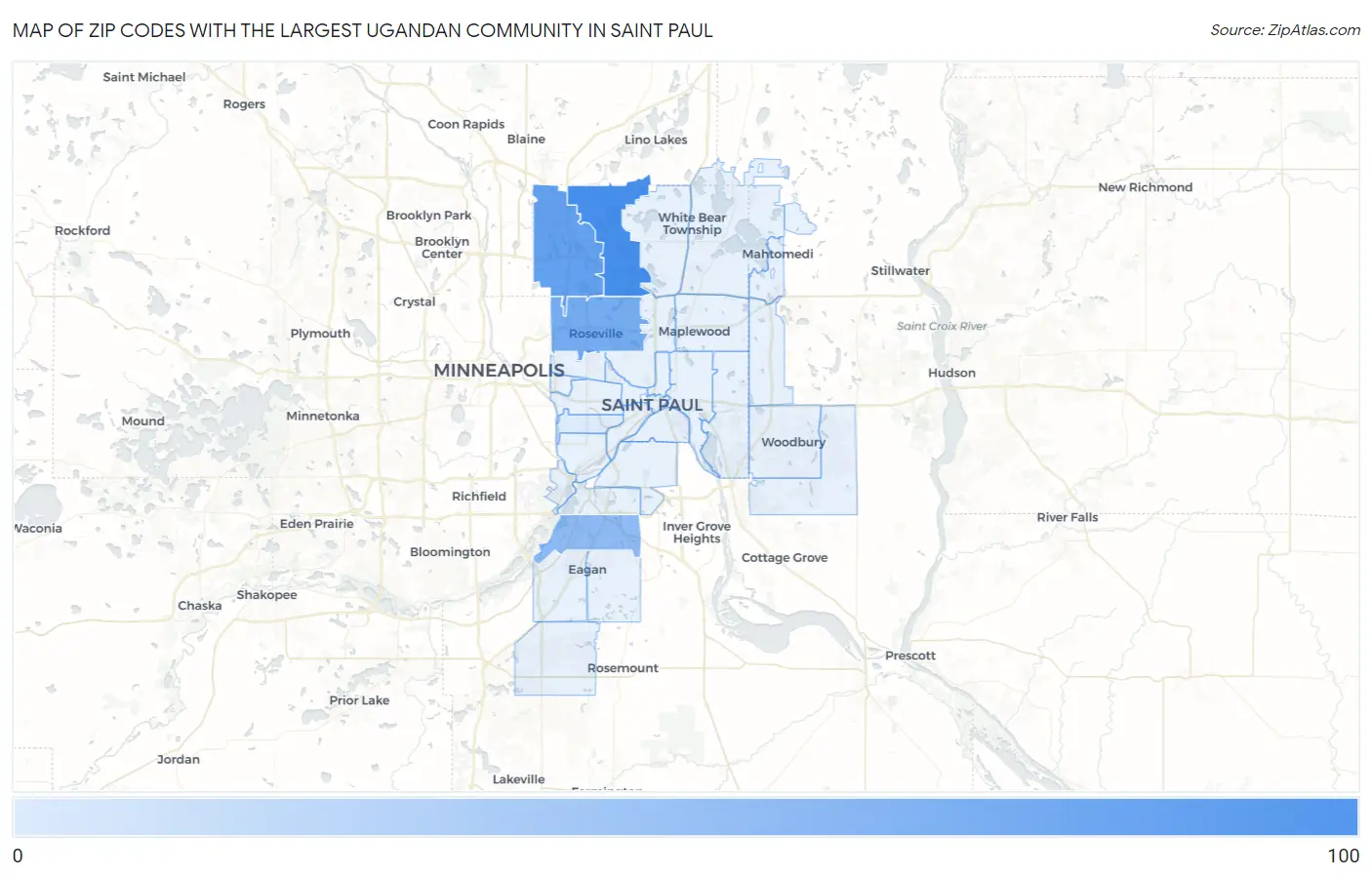 Zip Codes with the Largest Ugandan Community in Saint Paul Map
