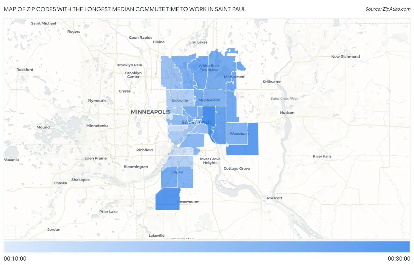 Zip Codes with the Longest Median Commute Time to Work in Saint Paul Map