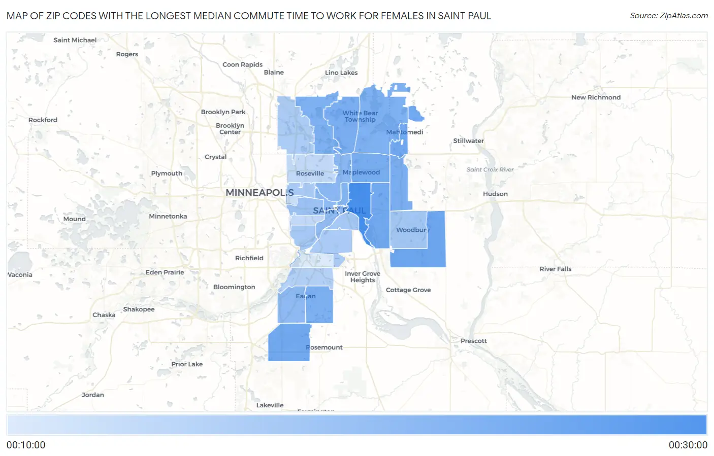 Zip Codes with the Longest Median Commute Time to Work for Females in Saint Paul Map