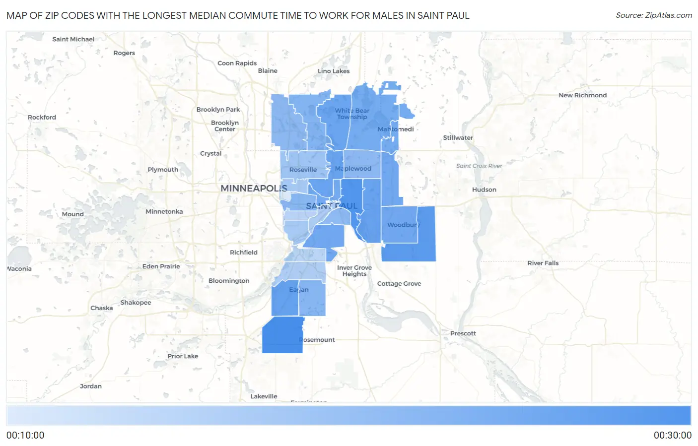 Zip Codes with the Longest Median Commute Time to Work for Males in Saint Paul Map