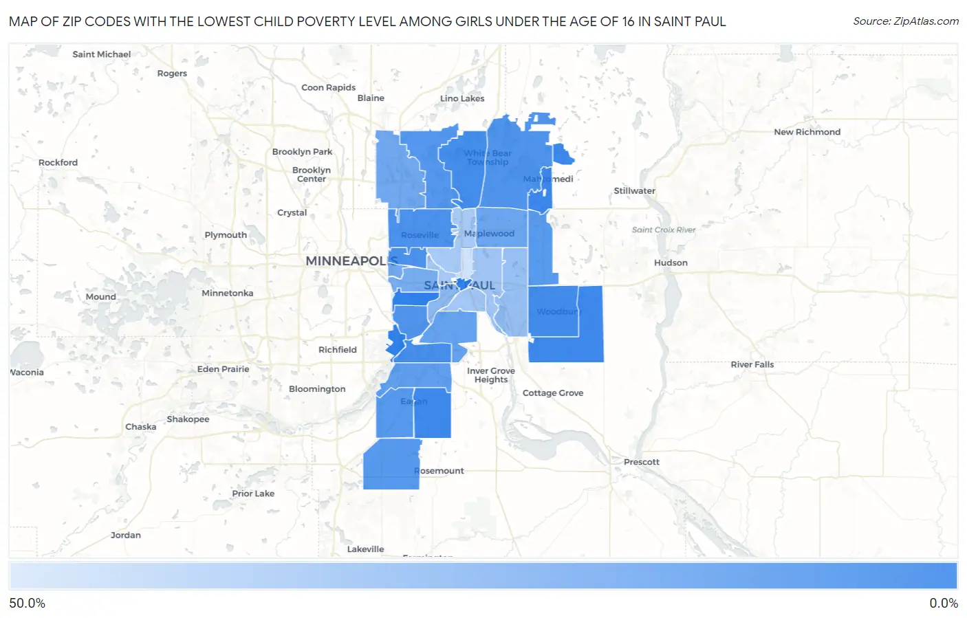 Zip Codes with the Lowest Child Poverty Level Among Girls Under the Age of 16 in Saint Paul Map