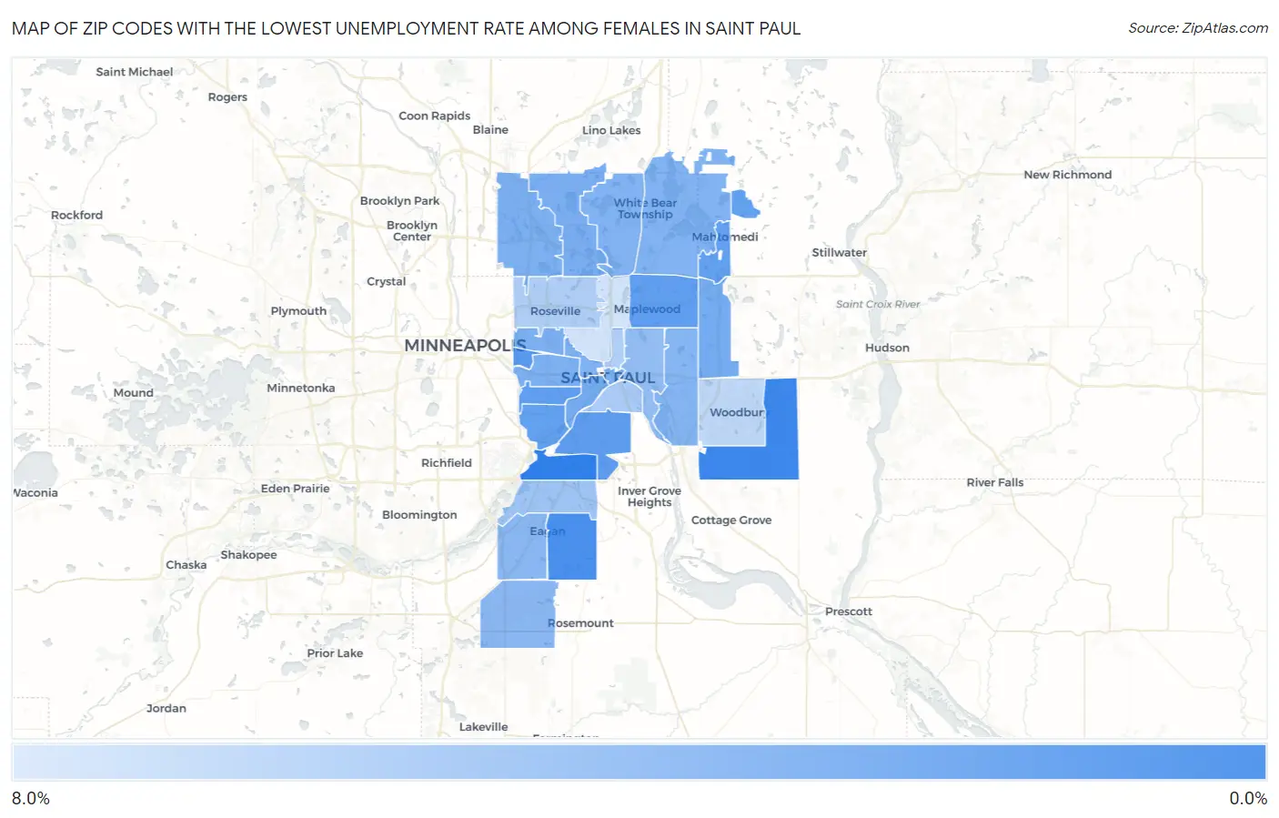 Zip Codes with the Lowest Unemployment Rate Among Females in Saint Paul Map