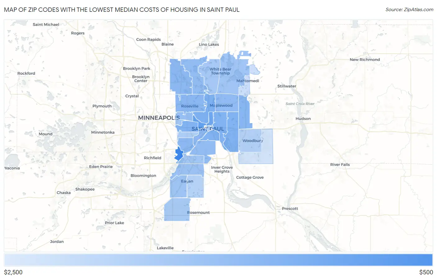 Zip Codes with the Lowest Median Costs of Housing in Saint Paul Map